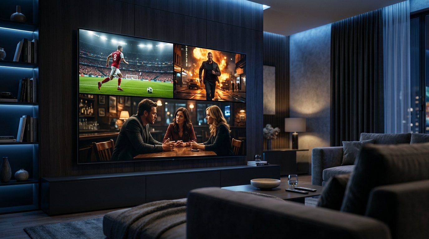 Abonnement IPTV France 4K sur grande Smart TV : sport en direct, films et séries dans un salon premium